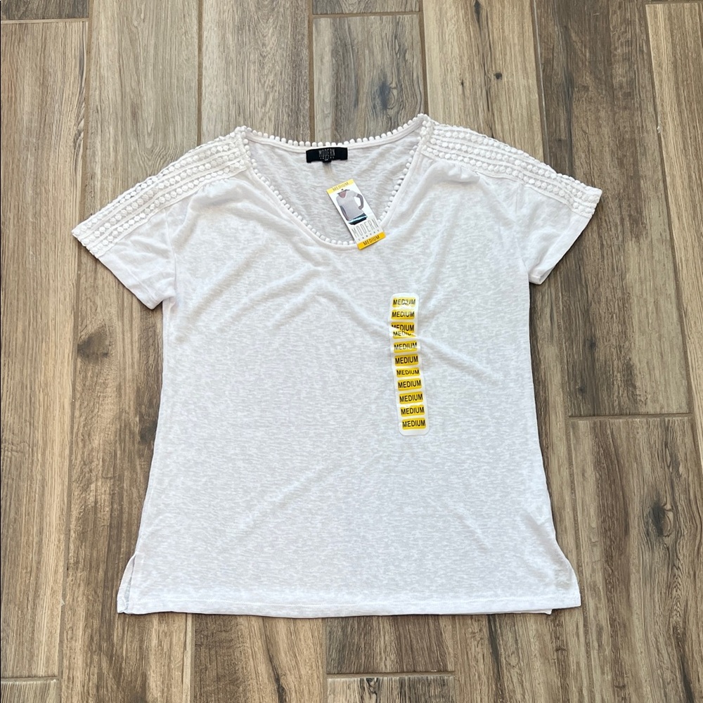 NEW Women's Modern Canvas White Top with Beaded Shoulders